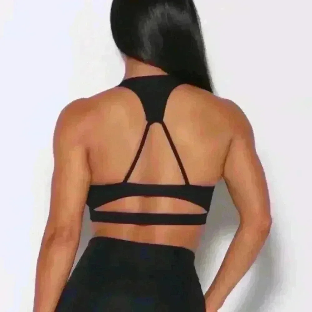 Bombshell Sportswear Womens Black Faux Leather Power Rib Sports Bra XS